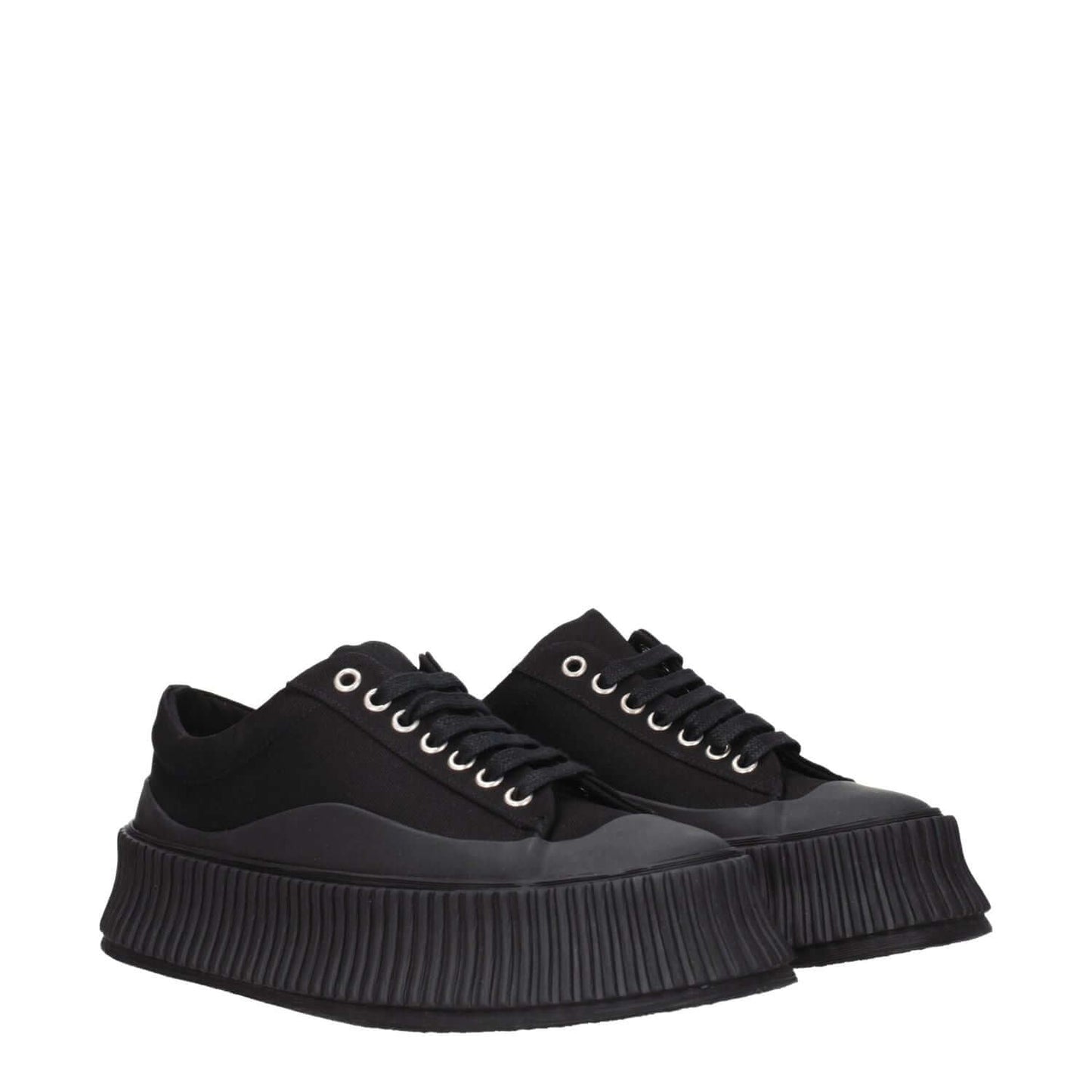 Jil Sander Black Fabric Chunky Sneakers with rubber wedge sole and lace-up closure, street style design, square toe.
