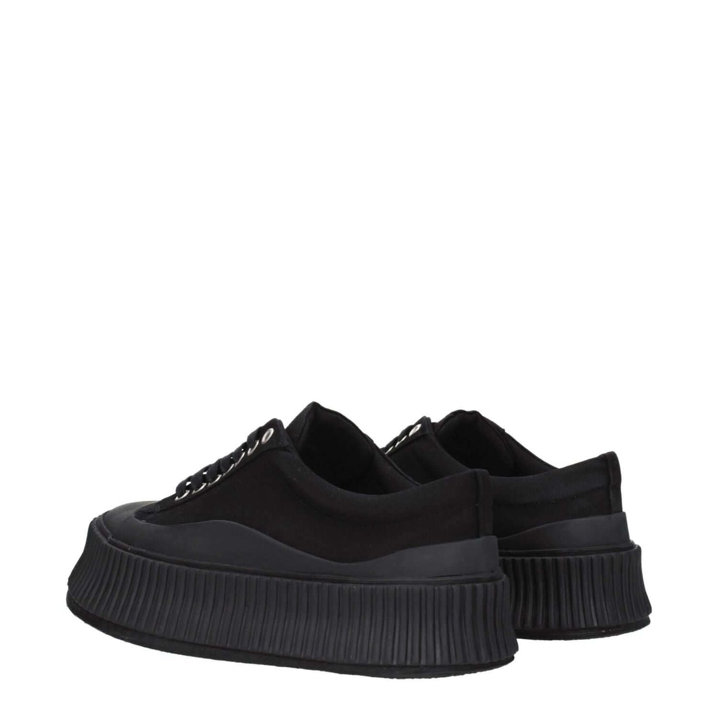 Jil Sander Black Fabric Chunky Sneakers with square toe and wedge, featuring lace-up closure, rubber sole, and 5 cm wedge height.