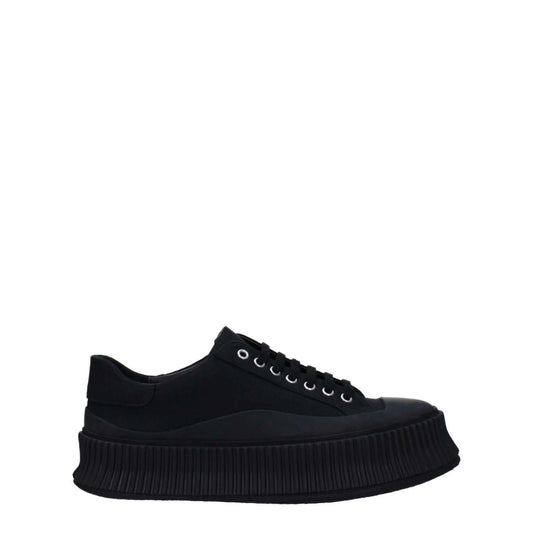 Jil Sander Black Fabric Platform Sneakers with lace-up closure, round toe, and mid heel on a 4 cm rubber sole.