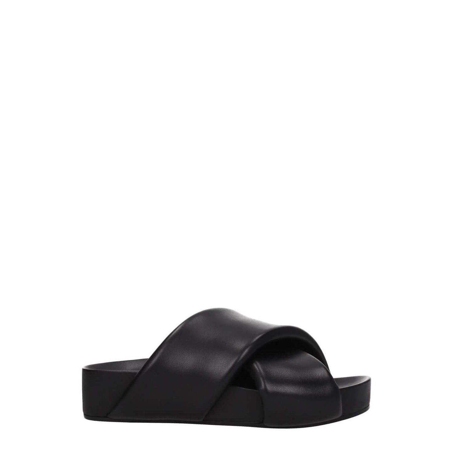 Jil Sander Black Leather Slippers with vintage effect, open toe, mid heel, and casual style for a modern look.