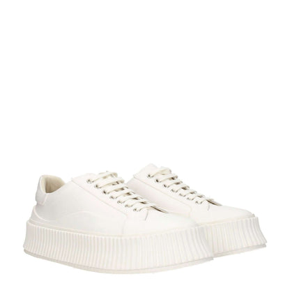 Jil Sander White Fabric Platform Sneakers with lace-up closure, rubber sole, and 5 cm wedge. Casual style, round toe design.