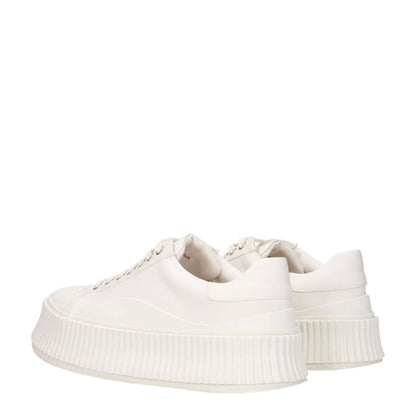 Jil Sander White Fabric Platform Sneakers with lace-up closure, rubber sole, and a 5 cm wedge in a casual style.