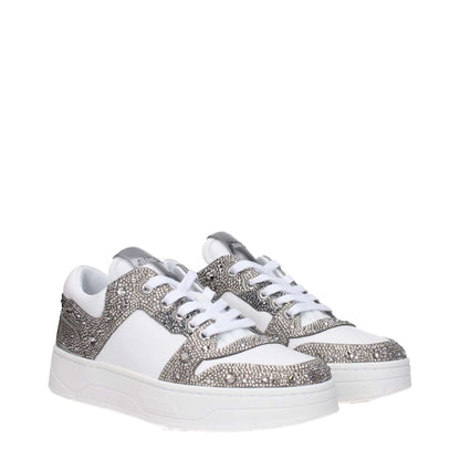 Jimmy Choo White Leather Chunky Sneakers with rhinestone details, lace-up closure, and rubber sole, featuring side, front, and back logos.