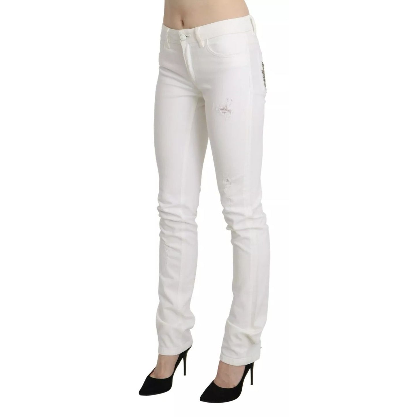 Just Cavalli White Cotton Slim Fit Mid Waist Skinny Trouser Jeans