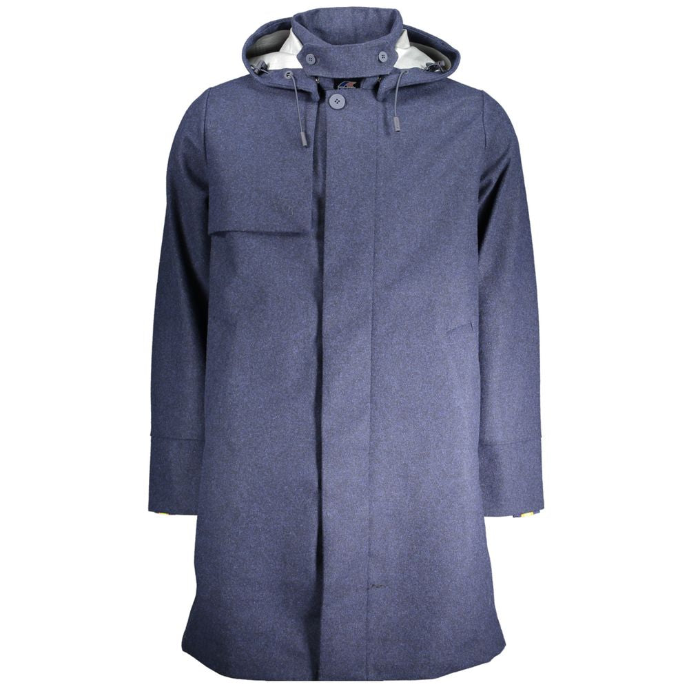 K-WAY Blue Polyester Men's Jacket with removable hood and sleek design for versatile outerwear style.