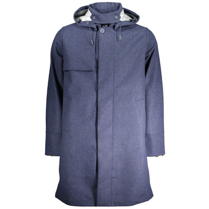 K-WAY Blue Polyester Men's Jacket with removable hood and sleek design for versatile outerwear style.