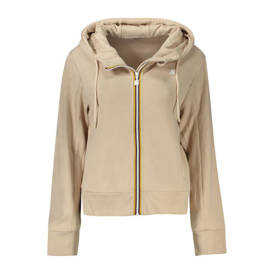 Beige hooded zip-up women's sweater with adjustable drawstrings and side pockets.
