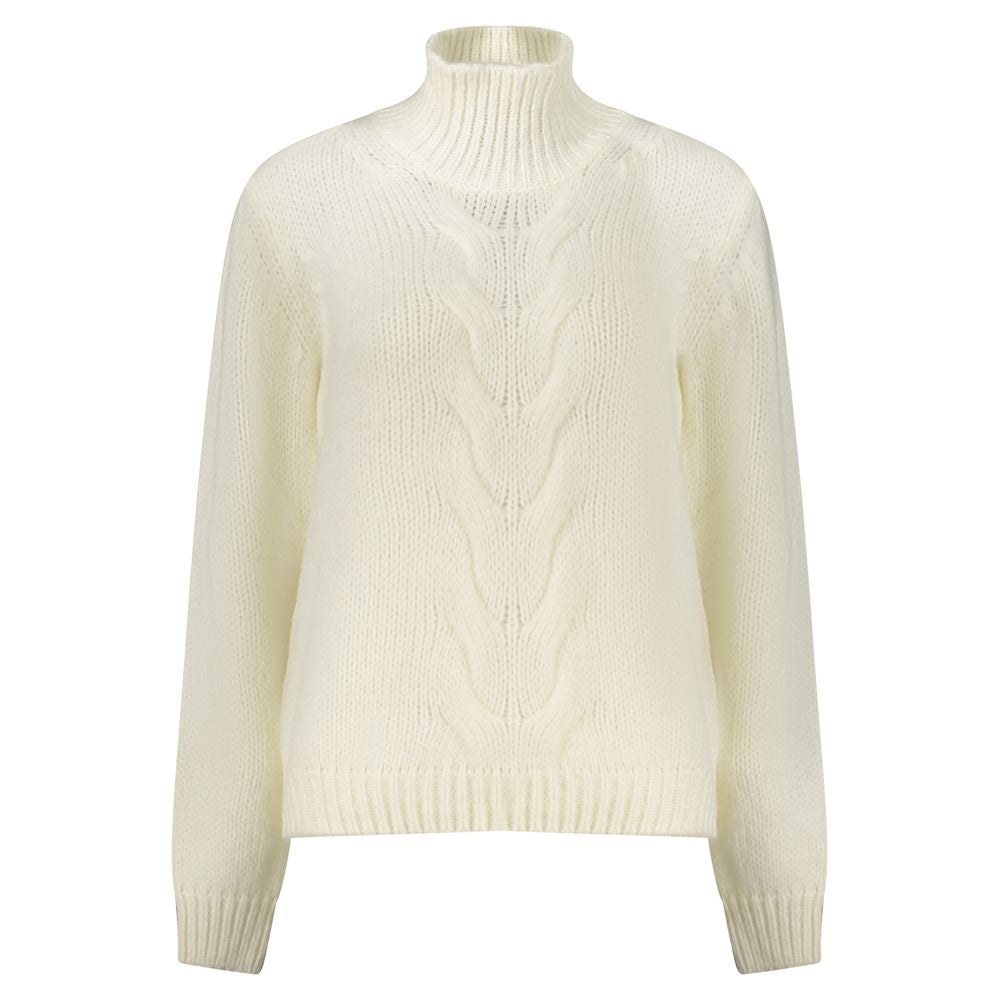 K-WAY White Wool Sweater featuring long sleeves, high neck, and contrast details with logo