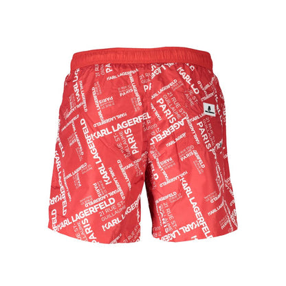 Karl Lagerfeld Red Polyester Swimwear, men's medium swim boxer with pockets, drawstring, and logo.