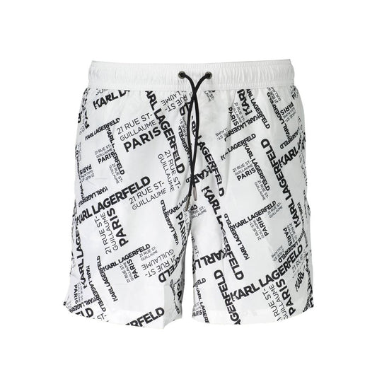 Karl Lagerfeld White Polyester Swimwear - Medium boxer with logo print, two pockets, back pocket, inside slip, and laces.