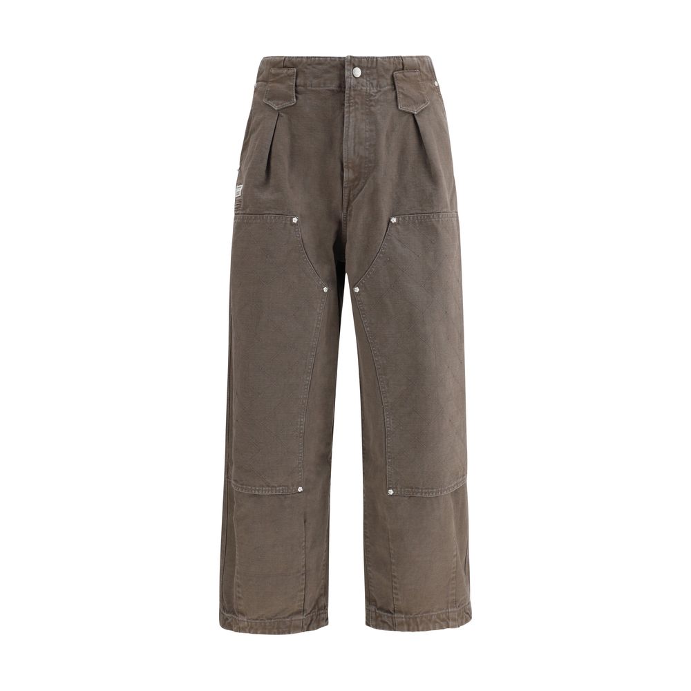 Kenzo Brown Cotton Casual Pants with double knee design and KENZO Weave stitching, featuring multiple pockets and a washed-effect look.