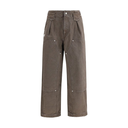 Kenzo Brown Cotton Casual Pants with double knee design and KENZO Weave stitching, featuring multiple pockets and a washed-effect look.