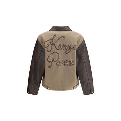 Kenzo Brown Leather Jacket with embroidered logo and leather collar, featuring double-slider front zipper and patch pockets.