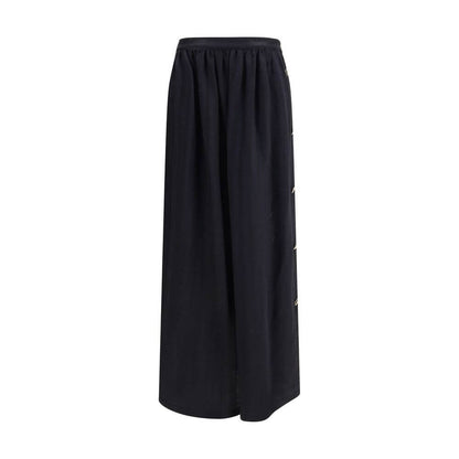 Kristina Ti Black Fleece Wool Long Skirt with golden button detail, elegant semi-wheeled design, perfect for AW25 fashion.