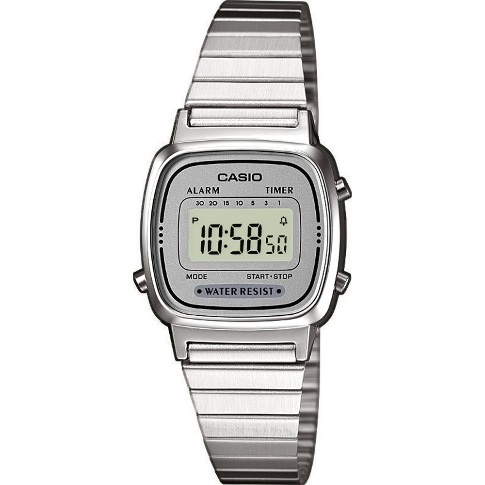 CASIO VINTAGE Mod. ICONIC MINI STEEL GREY wristwatch with digital display and stainless steel bracelet.