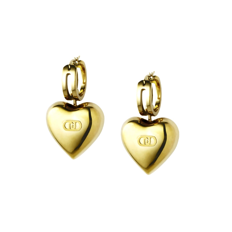 Gold heart-shaped earrings with logo on white background