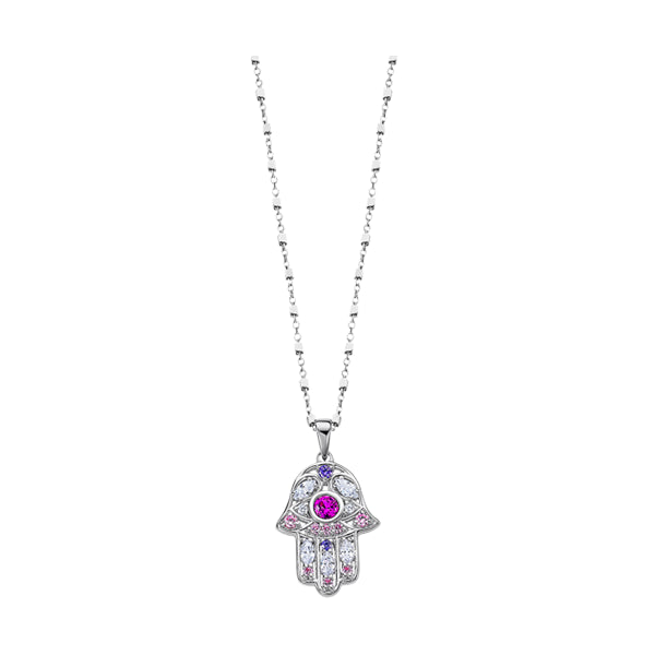Silver necklace with hamsa pendant featuring pink and purple gemstones by LOTUS JEWELS JEWELRY Mod. LP1989-1/1.