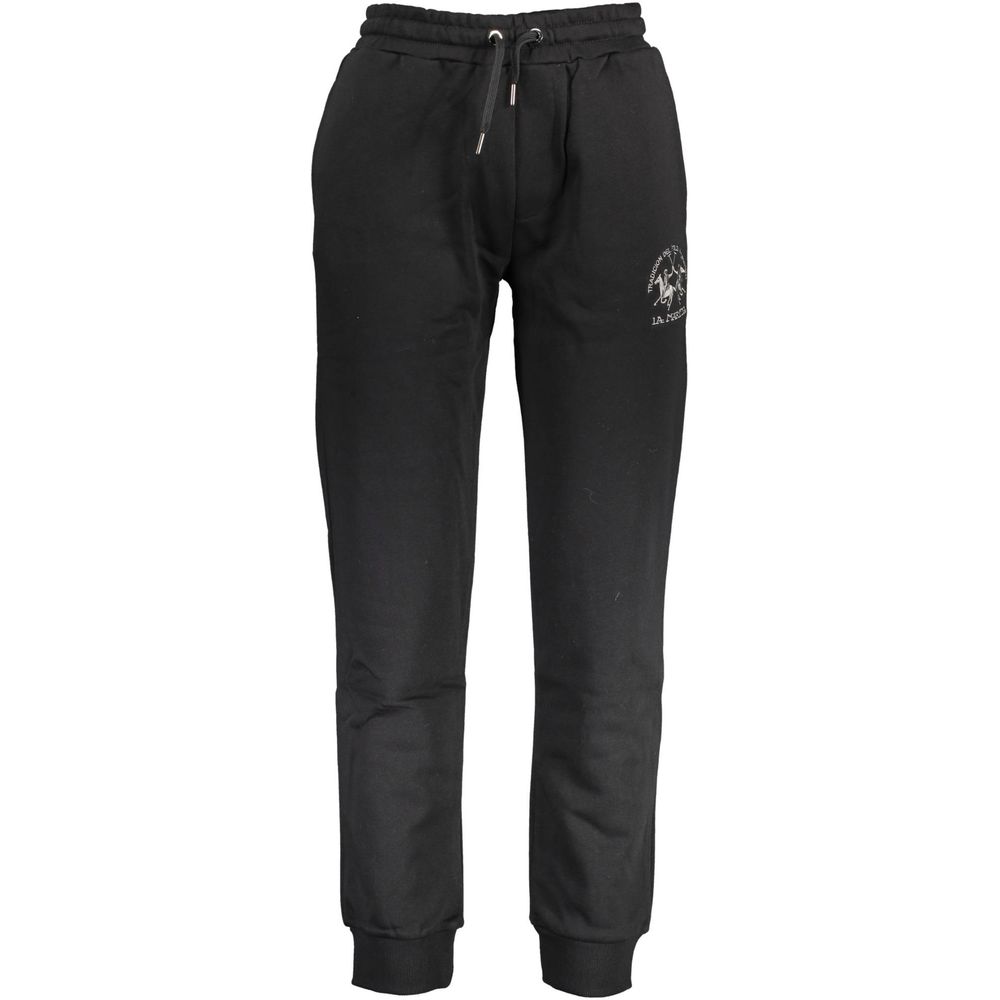 La Martina Black Cotton Pant with elastic waist, embroidered logo, and pockets.