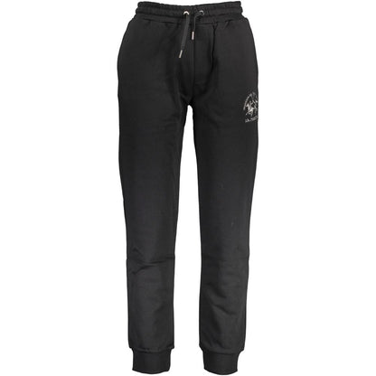 La Martina Black Cotton Pant with elastic waist, embroidered logo, and pockets.