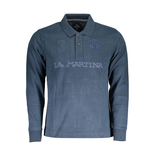La Martina Blue Cotton Men Polo Shirt with embroidered logo and dynamic print.