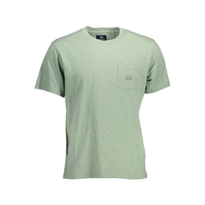 La Martina Green Cotton Men T-Shirt with short sleeves and crew neck, featuring embroidery and pocket with logo, classic fit for style and comfort.