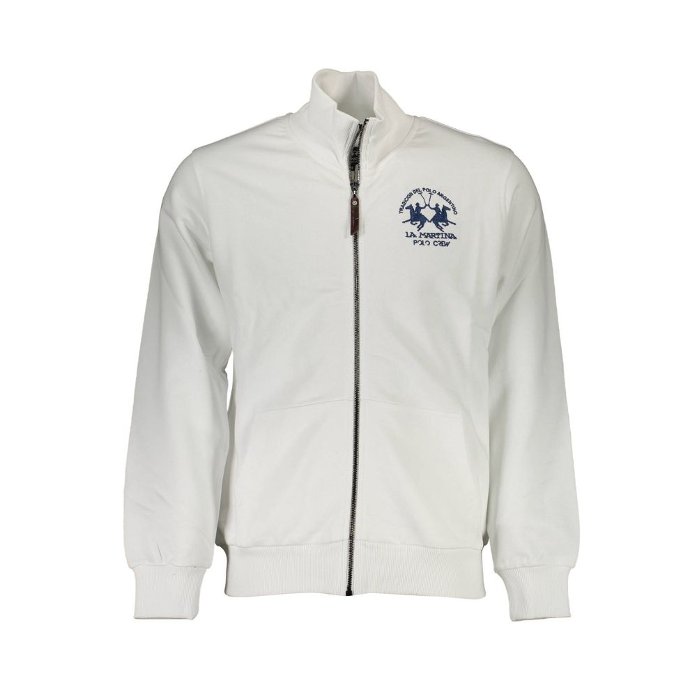 La Martina White Cotton Men Sweater with embroidered logo, Italian-crafted full-zip design, featuring dual pockets for chic casual wear.