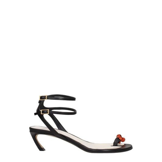 Lanvin Black Leather Stiletto Heel Sandals with open toe, buckle closure, and rhinestone detail, featuring a mid 6cm heel.