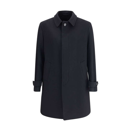 Lardini Black Fleece Wool Trench Coat with button closure, side pockets, and adjustable cuffs, made of 100% pure virgin wool.