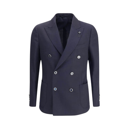 Lardini Blue Fleece Wool Blazer with herringbone pattern and signature pin, featuring double-breasted design and spear lapels.