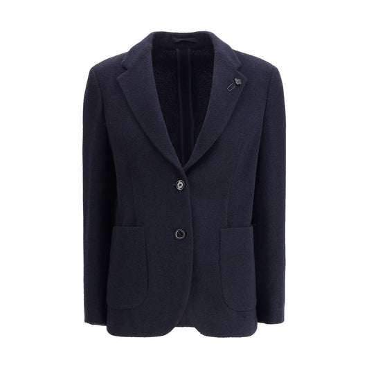 Lardini Blue Wool Blazer with single-breasted closure and flower-shaped pin, featuring patch pockets, suitable for elegant and casual outfits.