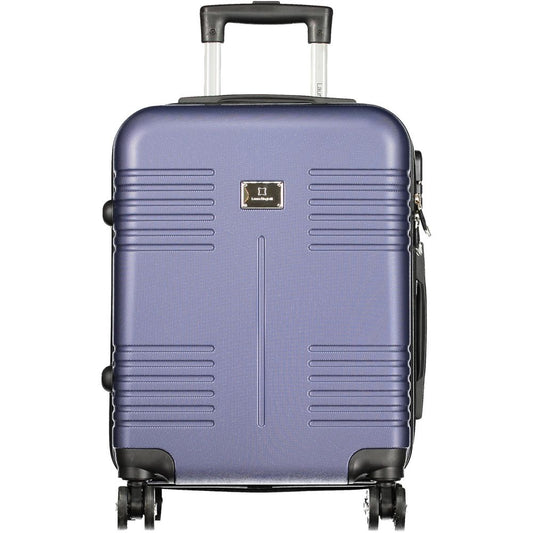 Laura Biagiotti Blue Polyethylene Luggage And Travel small trolley with 4 wheels, handle, clothes straps, zip pocket, and padlock.