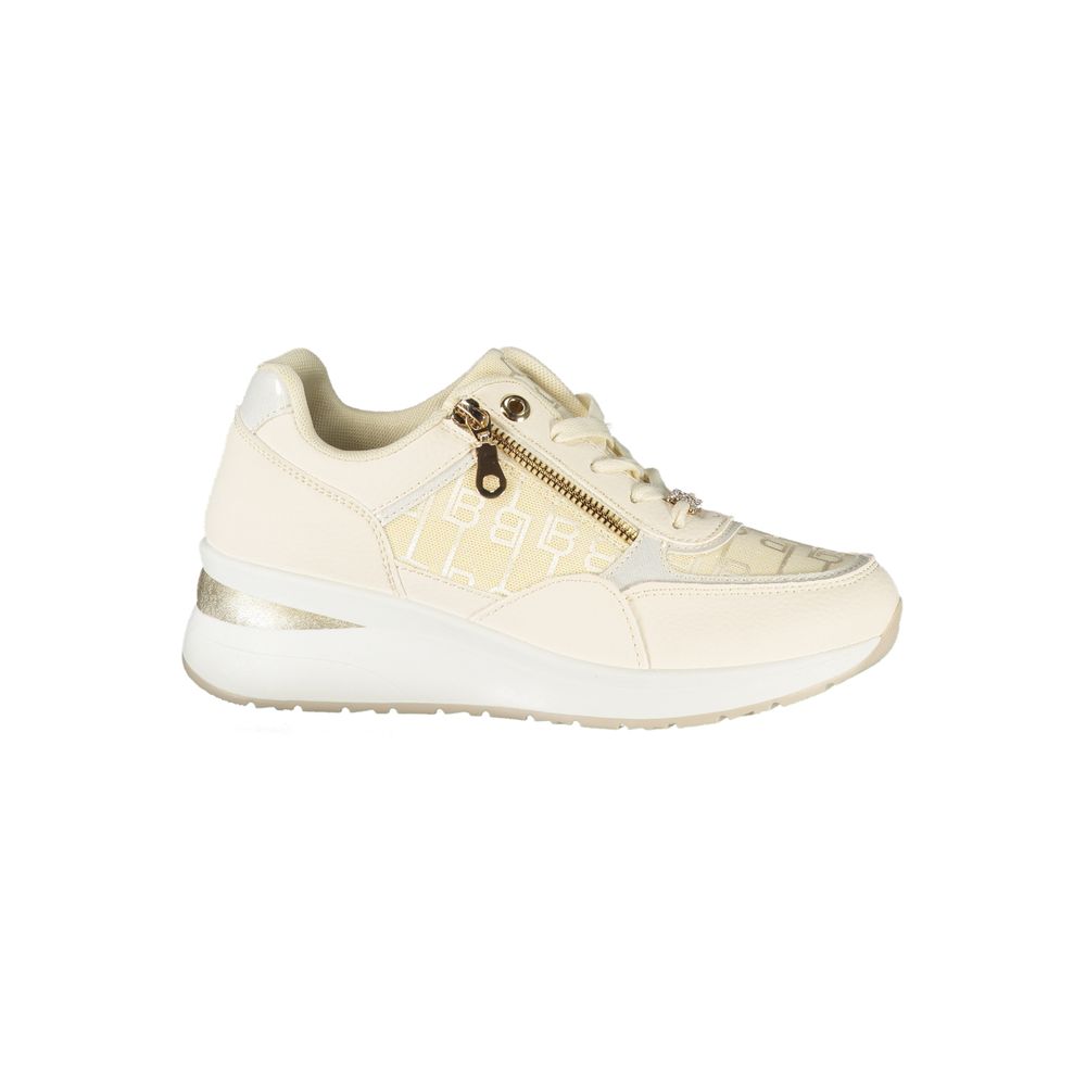 Laura Biagiotti White Polyester Women Sneaker with beige details and side zip on a 5 cm platform, showcasing sporty elegance.