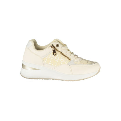 Laura Biagiotti White Polyester Women Sneaker with beige details and side zip on a 5 cm platform, showcasing sporty elegance.