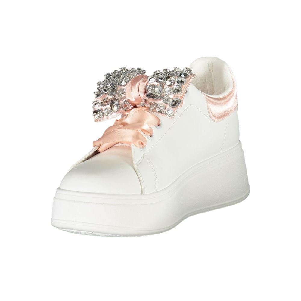 Laura Biagiotti White Synthetic Women Sneaker with rhinestones, contrasting details, 4cm wedge, and removable insole.