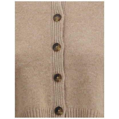 Close-up of Loulou De Saison Beige Cashmere Cardigan with button closure and ribbed detailing, perfect for casual and polished outfits.