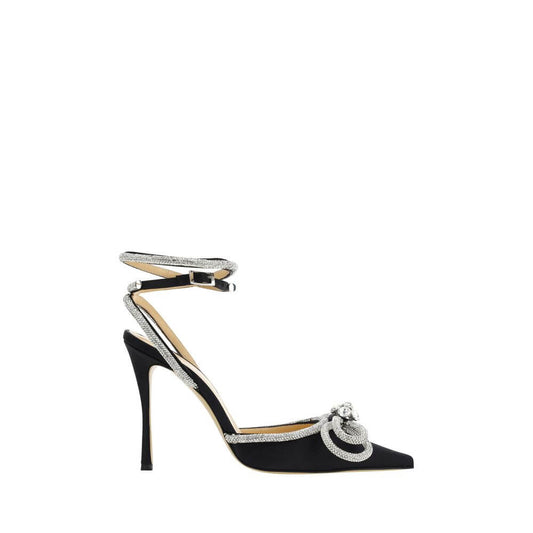MACH & MACH Black Silk Stiletto Heel Sandals with beaded jewel bow, geometric toe, and calfskin sole.