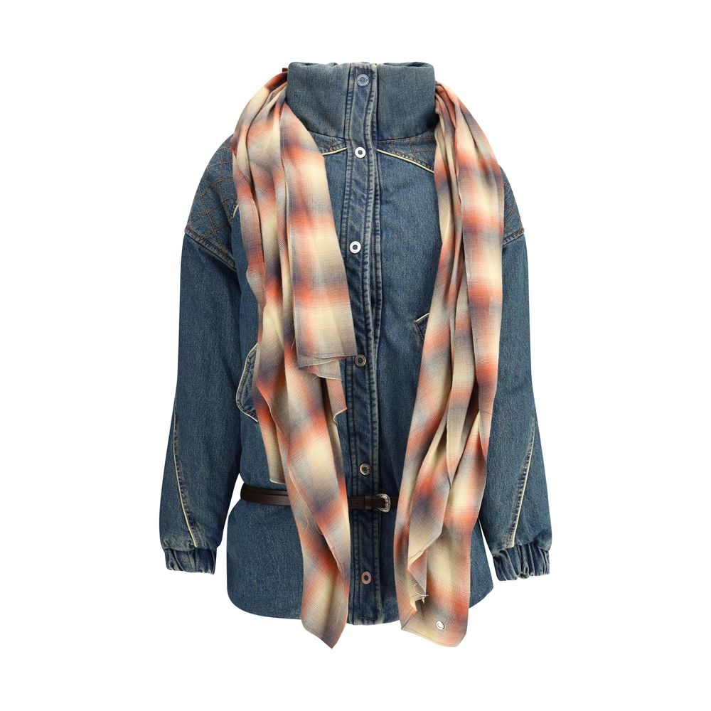 MARBELL Amy Denim Jacket with quilted details, high collar, snap-button closure, removable scarf, and leather belt, oversize fit.