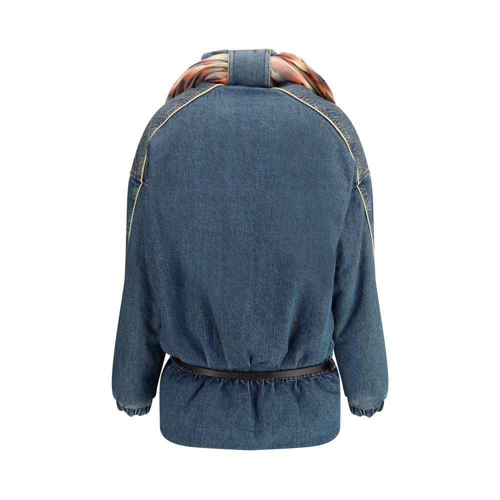 Back view of MARBELL Amy Denim Jacket with quilted details, high collar, removable scarf, leather belt, and elasticated cuffs.