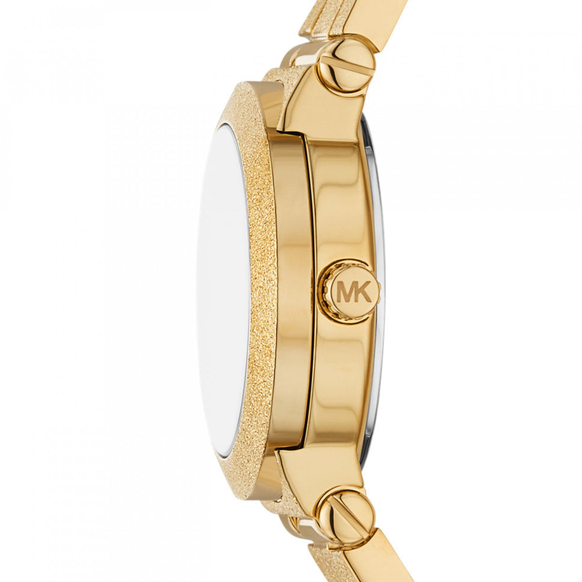 Side view of the gold MICHAEL KORS Mod. BILLIE watch showcasing MK logo on bezel, highlighting luxury and elegance.