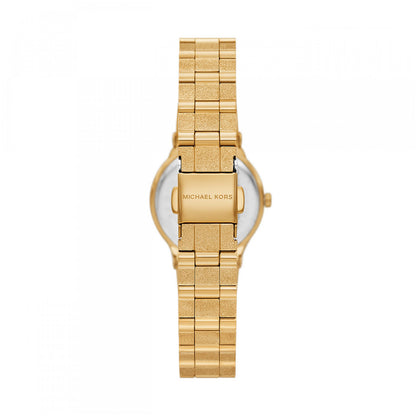 Rear view of MICHAEL KORS Mod. BILLIE gold watch with bracelet strap, showcasing clasp and design details.