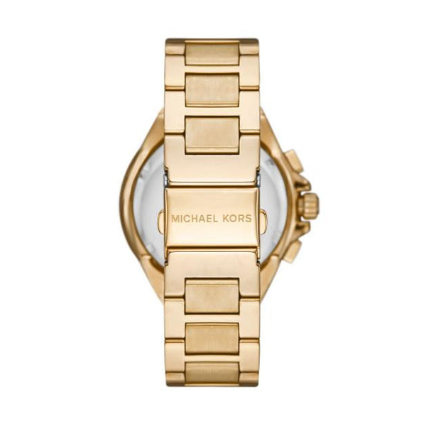Back view of MICHAEL KORS Mod. CAMILLE wristwatch with gold stainless steel strap and clasp.