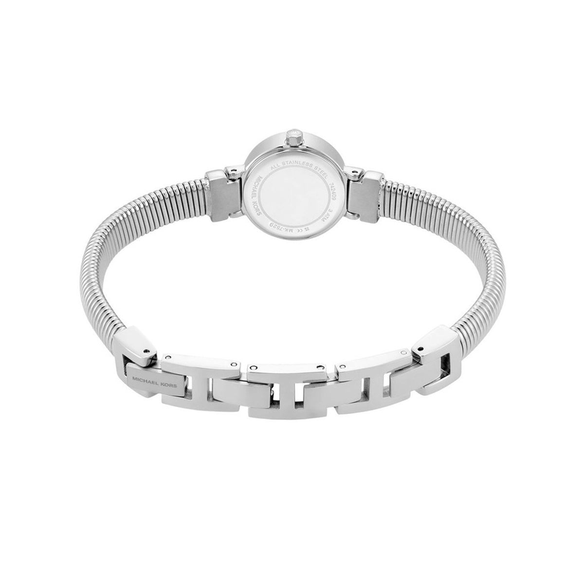 Rear view of MICHAEL KORS Mod. GRAMERCY lady's wristwatch with silver band and 22mm case, shown in official packaging.