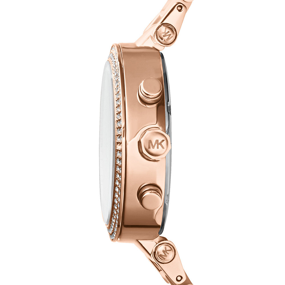 Side view of MICHAEL KORS Mod. PARKER rose gold watch with crystal embellishments