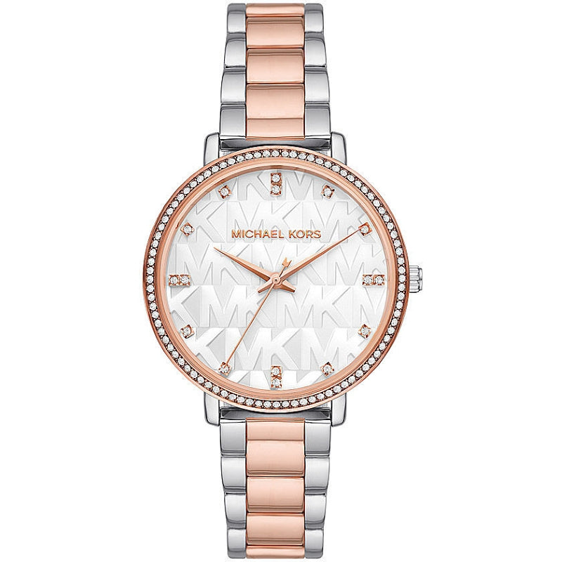 Elegant MICHAEL KORS Mod. PYPER lady's wristwatch with 38 mm case in rose gold and silver, shown with official packaging.