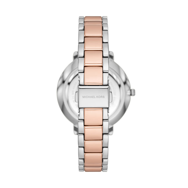 Back view of MICHAEL KORS Mod. PYPER wristwatch with metal bracelet, designed for ladies, in official packaging.