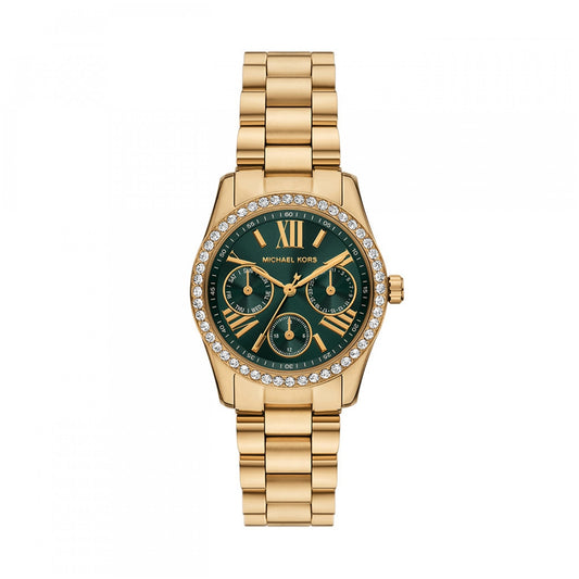 Gold smartwatch featuring a green face and diamond accents, MICHAEL KORS Mod. LEXINGTON model on a white background