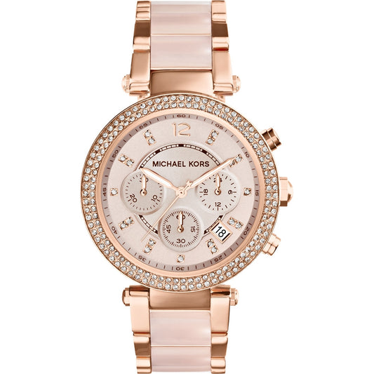 Rose gold watch with crystal accents, featuring MICHAEL KORS Mod. PARKER design; elegant and stylish timepiece for women.