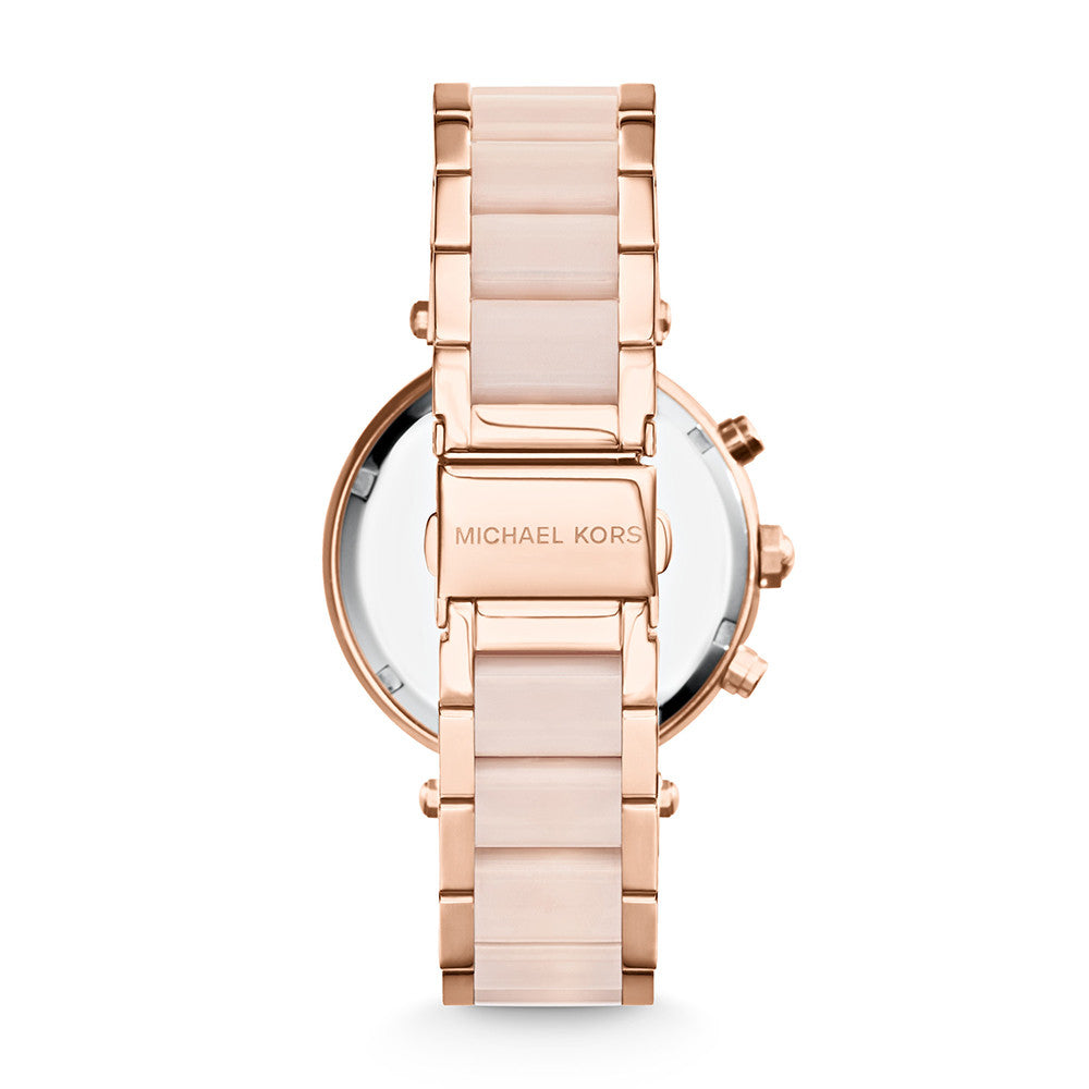 Back view of MICHAEL KORS Mod. PARKER rose gold watch showcasing bracelet design