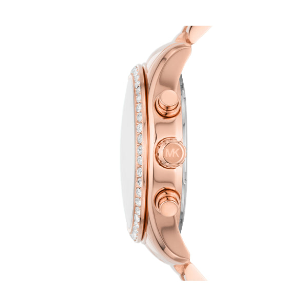 Side view of MICHAEL KORS Mod. LEXINGTON rose gold chronograph quartz wristwatch, 38mm water-resistant, in official box.