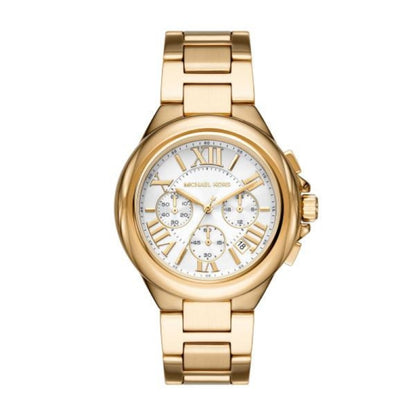 Alt Tag: MICHAEL KORS Mod. CAMILLE gold ladies wristwatch with chronograph and date, 43mm SS IP gold case, quartz movement, in official box.